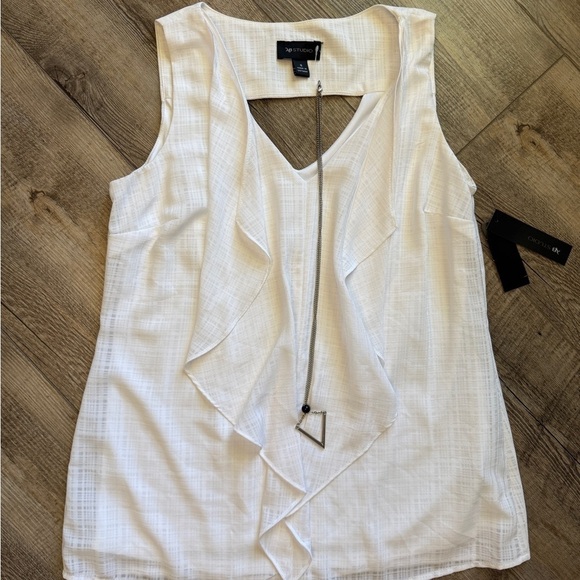 AB Studio Tops - AB Studio White Sleeveless Blouse with Ruffle Detail